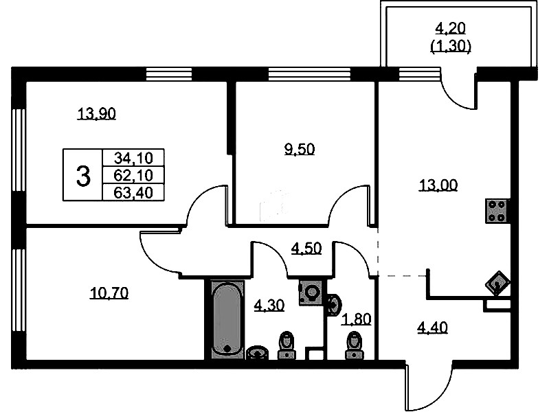 3-комнатная квартира 63.4 м², 2/11 эт., ЖК «А101 Лаголово»